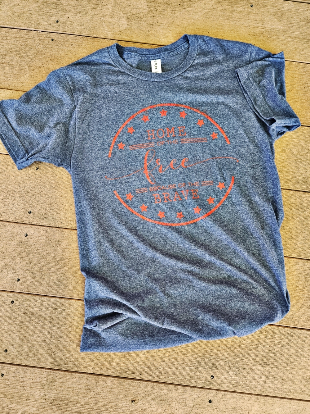 Jerzees Heather Blue Graphic Tee with Red Print